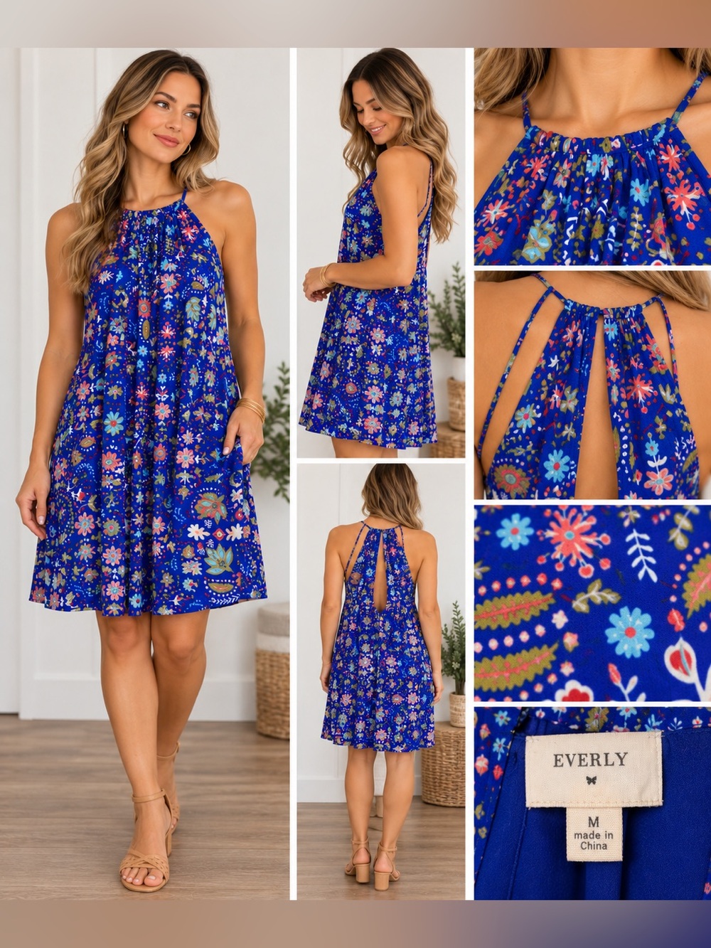 Everly Blue Floral Halter Dress Size M Open Back Flowy Boho Knee Length